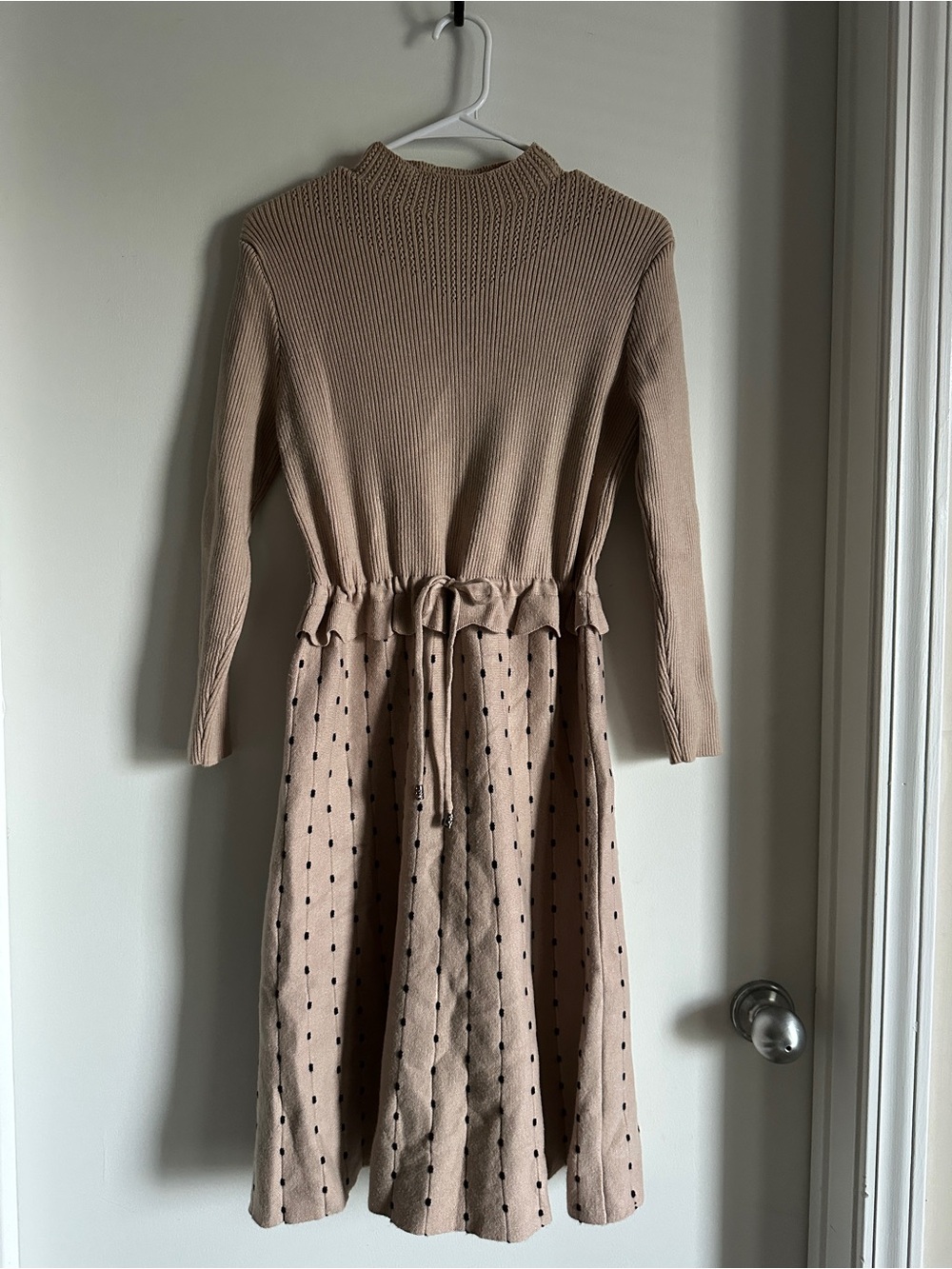Long Sleeve Knit Dress with Tie Waist in Light Taupe